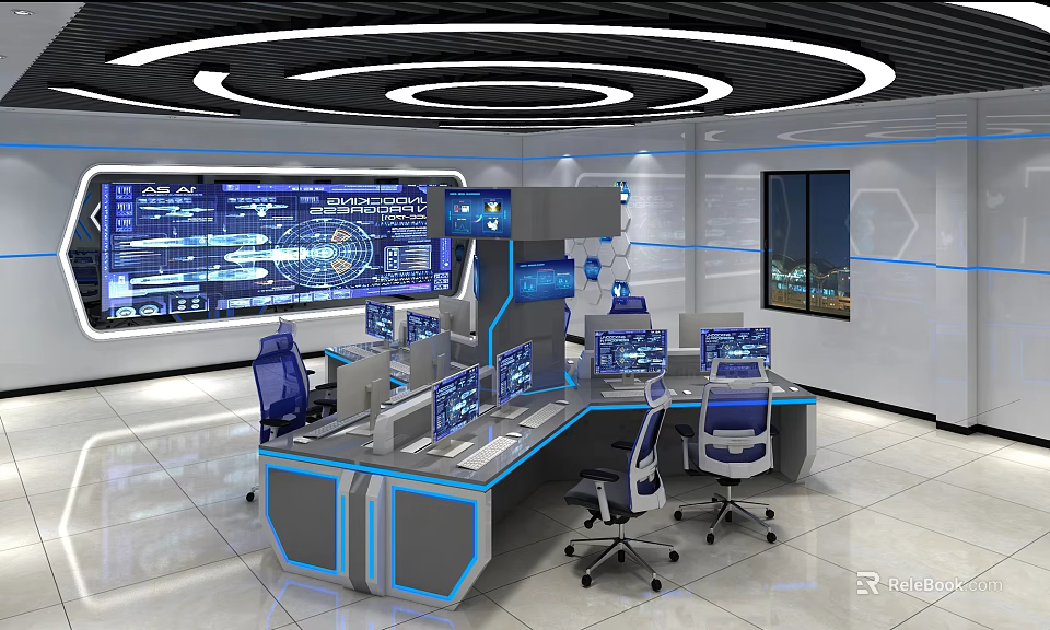 Modern Control Room With High Tech Screens Workstations And Chairs 3d model 