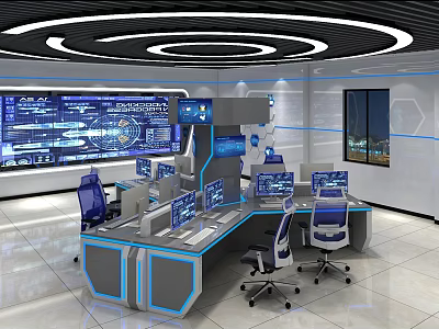 Modern Control Room With High Tech Screens Workstations And Chairs 3d model