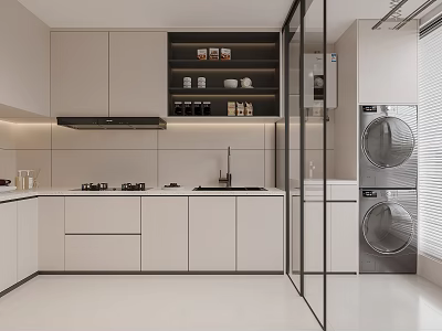 Modern Kitchen Interior Featuring White Cabinets Black Range Hood Sink And Open Shelves 3d model