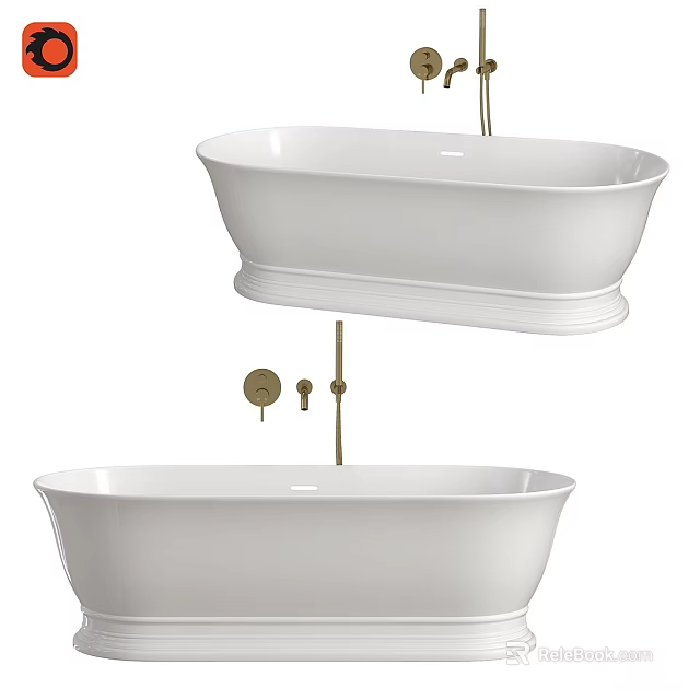 Modern White Freestanding Bathtub Design With Pedestal And Brass Fixtures 3d model 