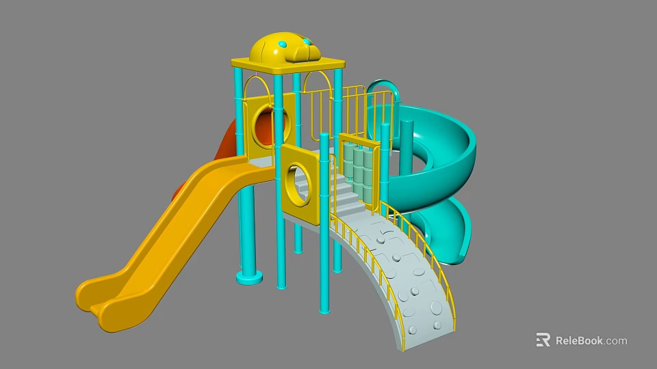 Colorful Kids Playground With Yellow Slide Blue Climbing Ladder And Round Holes 3d model 