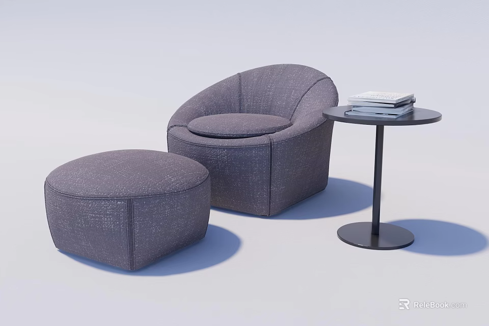 Gray Modern Upholstered Single Seater Sofa With Ottoman And Round Side Table 3d model