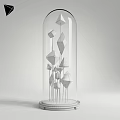 Decorative Ornament Set With Geometric Metal Pieces Inside Glass Dome On Wooden Tabletop