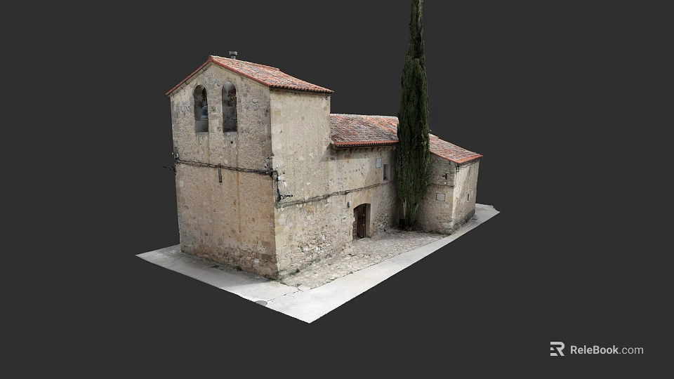 European Architecture Ancient Stone Structure With Red Tiled Roof Arched Windows And Tall Cypress Tree 3d model 