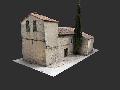 European Architecture Ancient Stone Structure With Red Tiled Roof Arched Windows And Tall Cypress Tree 3d model