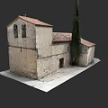 European Architecture Ancient Stone Structure With Red Tiled Roof Arched Windows And Tall Cypress Tree