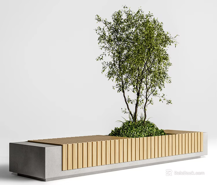 Modern Outdoor Bench With Wooden Slats And Concrete Base Featuring Green Plants And Tree 3d model 