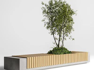 Modern Outdoor Bench With Wooden Slats And Concrete Base Featuring Green Plants And Tree 3d model