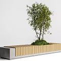 Modern Outdoor Bench With Wooden Slats And Concrete Base Featuring Green Plants And Tree
