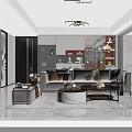 Modern Living and Dining Room Interior With Sofa Dining Table Large Windows And Pendant Lights