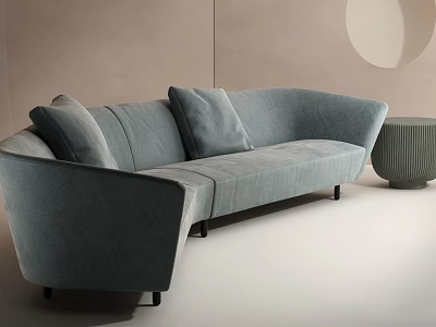 Light Blue Curved Sofa With Velvet Decorative Cushions Small Round Stool Modern Living Room Interior 3d model