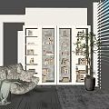 Stylish Modern Bookcase Interior With Books Decorative Items Comfortable Chair And Green Plant