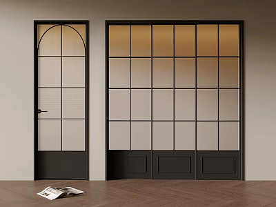 French retro wind glass single door sliding door three sliding doors 3d model