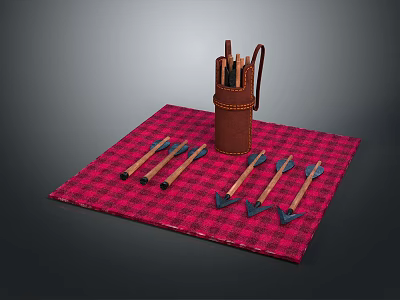 Archery Weapons Arrows with Brown Leather Quiver on Red and Black Checkered Blanket 3d model