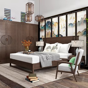 New Chinese background double bed 3d model