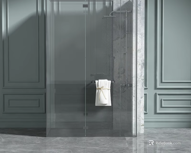 Elegant Shower Enclosure with Transparent Glass Marble Wall Light Green Decorative Panels and White Towel 3d model 