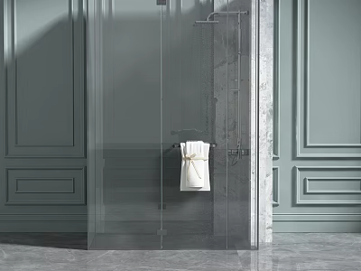 Elegant Shower Enclosure with Transparent Glass Marble Wall Light Green Decorative Panels and White Towel 3d model