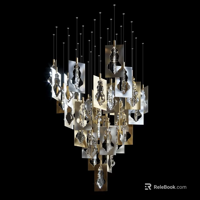 Modern Artistic Chandelier With Hanging Silver And Gold Geometric Metal Pieces 3d model 