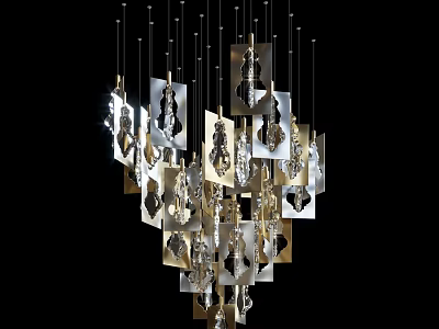 Modern Artistic Chandelier With Hanging Silver And Gold Geometric Metal Pieces 3d model