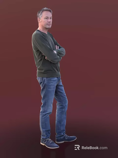 Man In Dark Green Sweater And Blue Jeans Standing With Crossed Arms Against Red Background 3d model 
