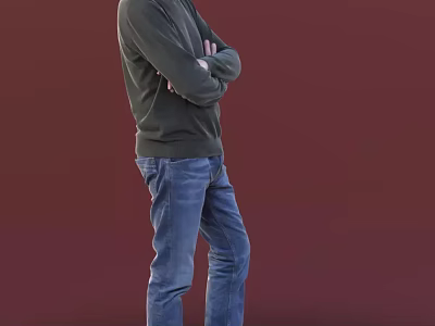 Man In Dark Green Sweater And Blue Jeans Standing With Crossed Arms Against Red Background 3d model