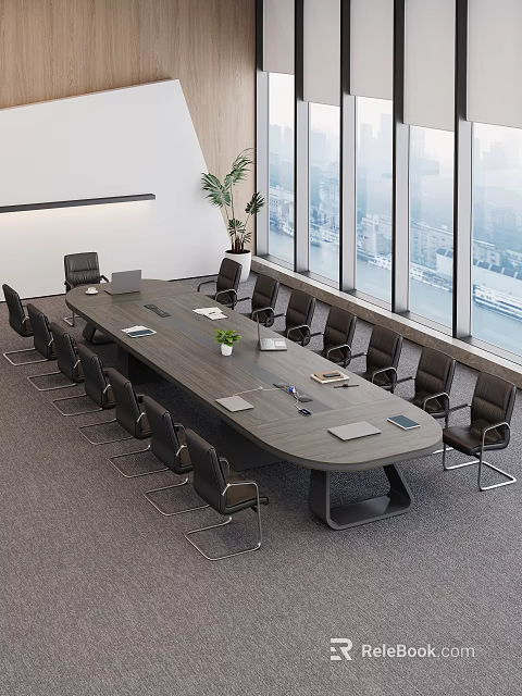 Modern Conference Table With Black Chairs Laptop Plant And City View Through Windows 3d model 