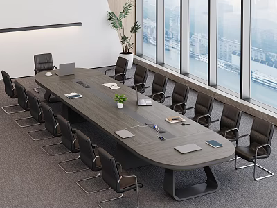 Modern Conference Table With Black Chairs Laptop Plant And City View Through Windows 3d model