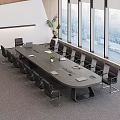 Modern Conference Table With Black Chairs Laptop Plant And City View Through Windows