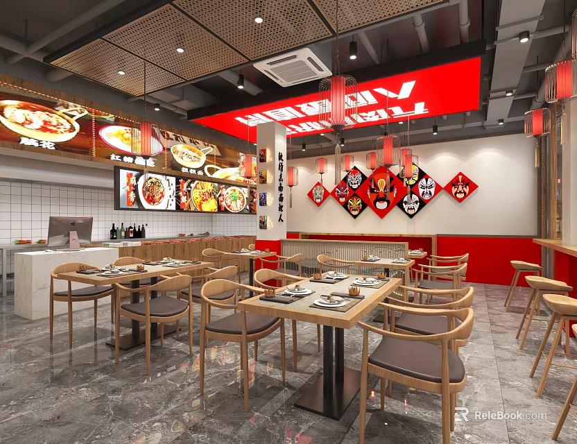 Modern Asian Restaurant Dining Area With Wooden Tables Chairs And Decorative Panels 3d model 