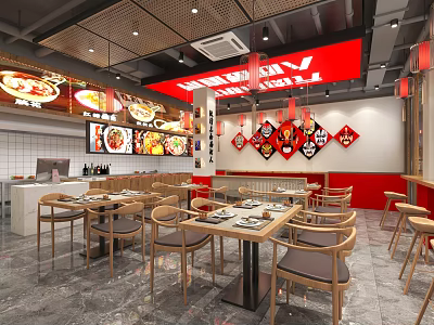 Modern Asian Restaurant Dining Area With Wooden Tables Chairs And Decorative Panels 3d model