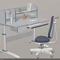 Modern White And Blue Adjustable Desk With Bookshelf Books Pen Holder Laptop And Office Chair