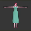 Woman with Pink Hair Full Body in Turquoise Dress Standing Arms Outstretched against Gray Background