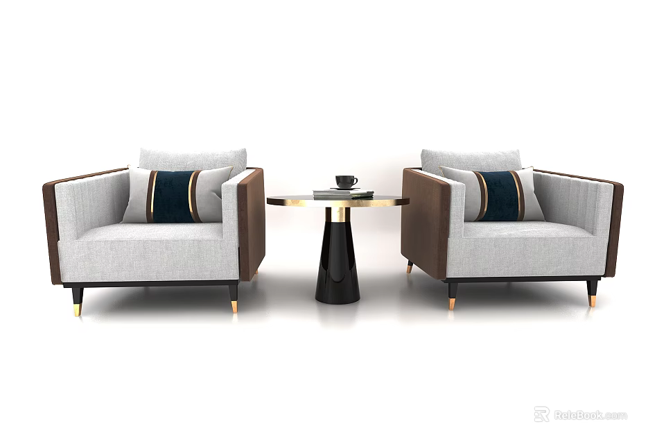 Modern Casual Sofa Set With Gray Fabric Brown Accents Throw Pillows And Coffee Table 3d model 