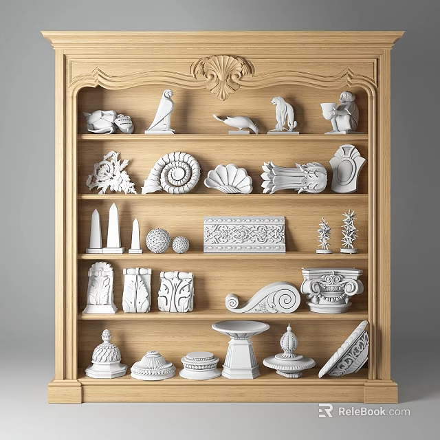 Wooden Decorative Cabinet With Carved Design And White Ornaments On Shelves 3d model 