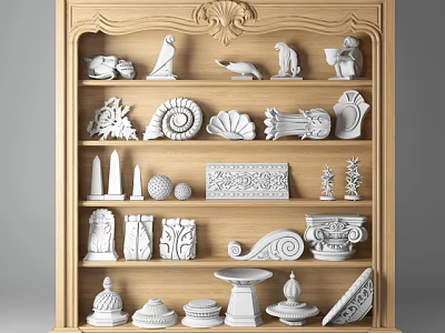 Wooden Decorative Cabinet With Carved Design And White Ornaments On Shelves 3d model