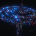 Cartoon Scene of Futuristic Circular Structure with Blue Lights and Mechanical Design