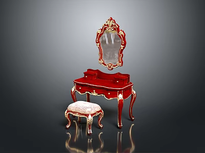 Ornate Red Dressing Table With Gold Carved Mirror And Cushioned Stool 3d model