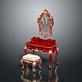 Ornate Red Dressing Table With Gold Carved Mirror And Cushioned Stool