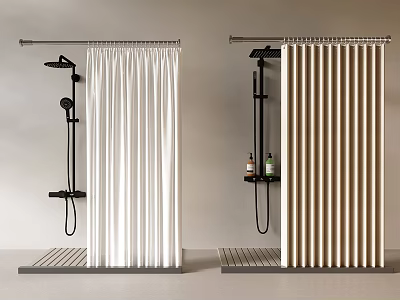 Modern Shower Space With White Beige Pleated Curtains Black Fixtures And Shelves 3d model