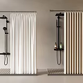 Modern Shower Space With White Beige Pleated Curtains Black Fixtures And Shelves