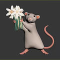 Standing Cute Rat Holding White Flowers With Green Stems On Reflective Surface