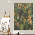Abstract Painting In Modern Style With Vibrant Green Orange Black Textured Brushstrokes