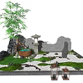 Traditional Japanese Zen Garden Landscape With Stone Lantern Wavy Sand Patterns And Green Plants