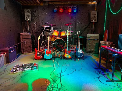 Home Music Room Setup With Audio Equipment Colorful Lights And Musical Instruments 3d model
