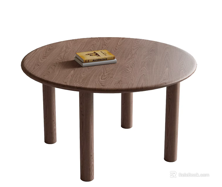 Round Wooden Dining Table Featuring Books on Top Surface 3d model