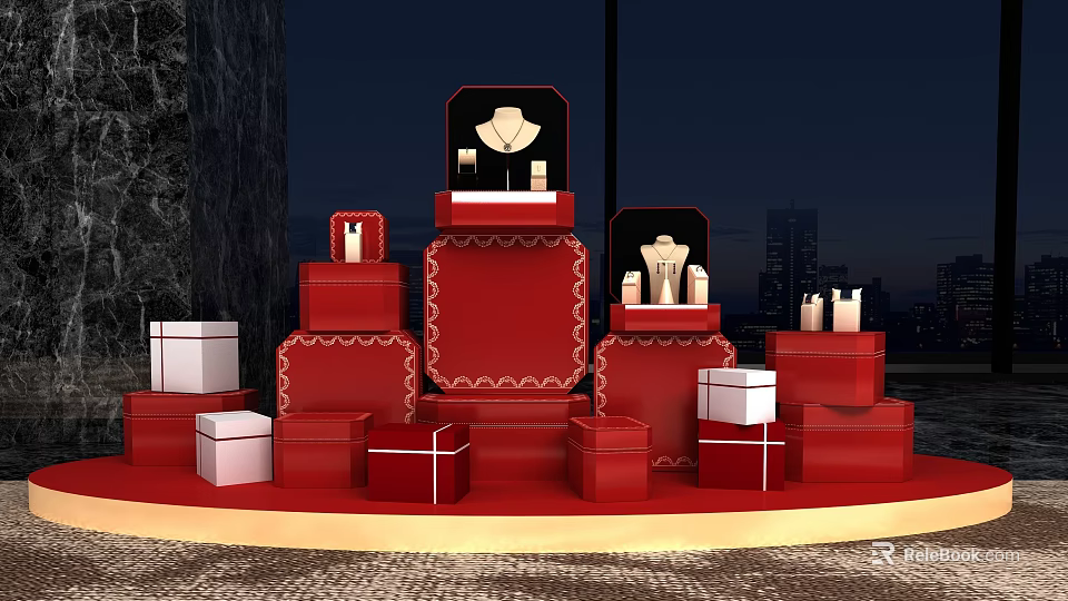 Elegant Event Entrance Featuring Red Display Platforms With Jewelry And White Gift Boxes 3d model 