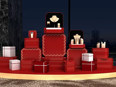 Elegant Event Entrance Featuring Red Display Platforms With Jewelry And White Gift Boxes 3d model