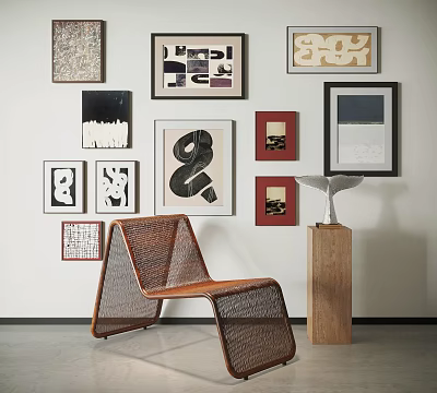 Stylish Photo Wall With Various Art Frames And Modern Wicker Chair By Wooden Pedestal 3d model