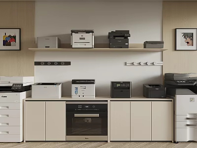 Office Appliances Display With Multiple Printers Copiers And Devices On Shelves 3d model