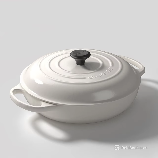 White Cast Iron Kitchen Pot With Lid And Two Handles Cooking Cookware 3d model 